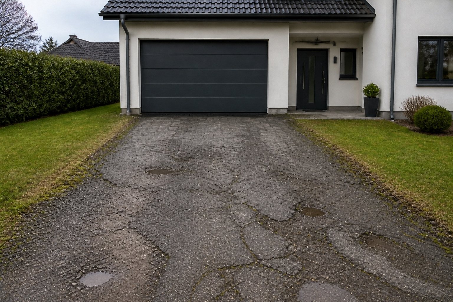 Vorher: Alte Einfahrt mit rissigem Asphalt, Pfützen und Unkraut am Rand