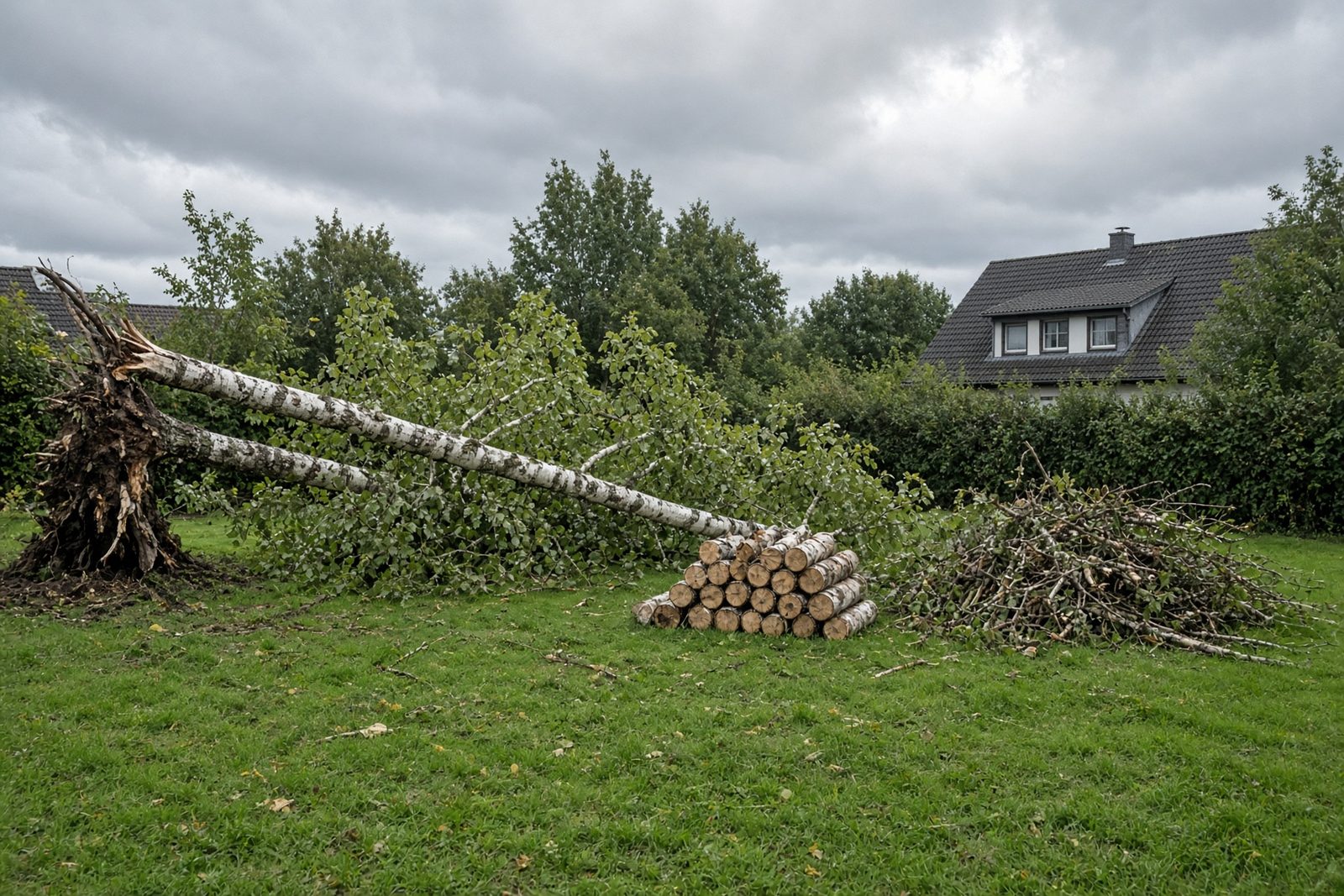 Nach einem Sturm umgestürzte Birke im Garten, der Stamm teilweise zersägt und gestapelt