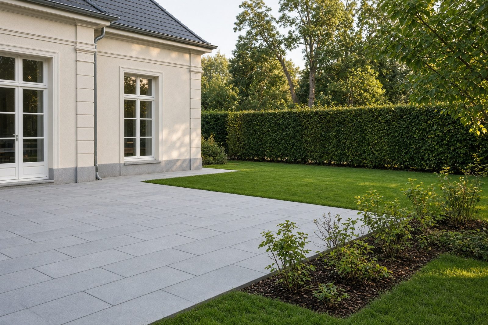 Neu gepflasterte Terrasse aus hellgrauen Platten an einem Haus, daneben Rasen, eine geschnittene Hecke und ein frisch bepflanztes Beet