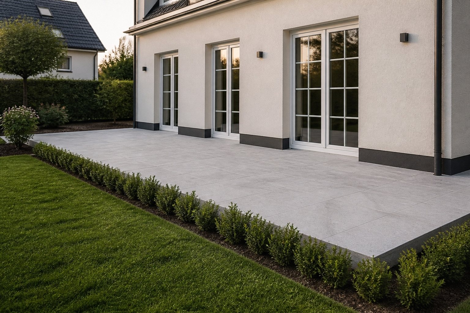 Nachher: Neue Terrasse aus hellgrauen Platten vor demselben Haus