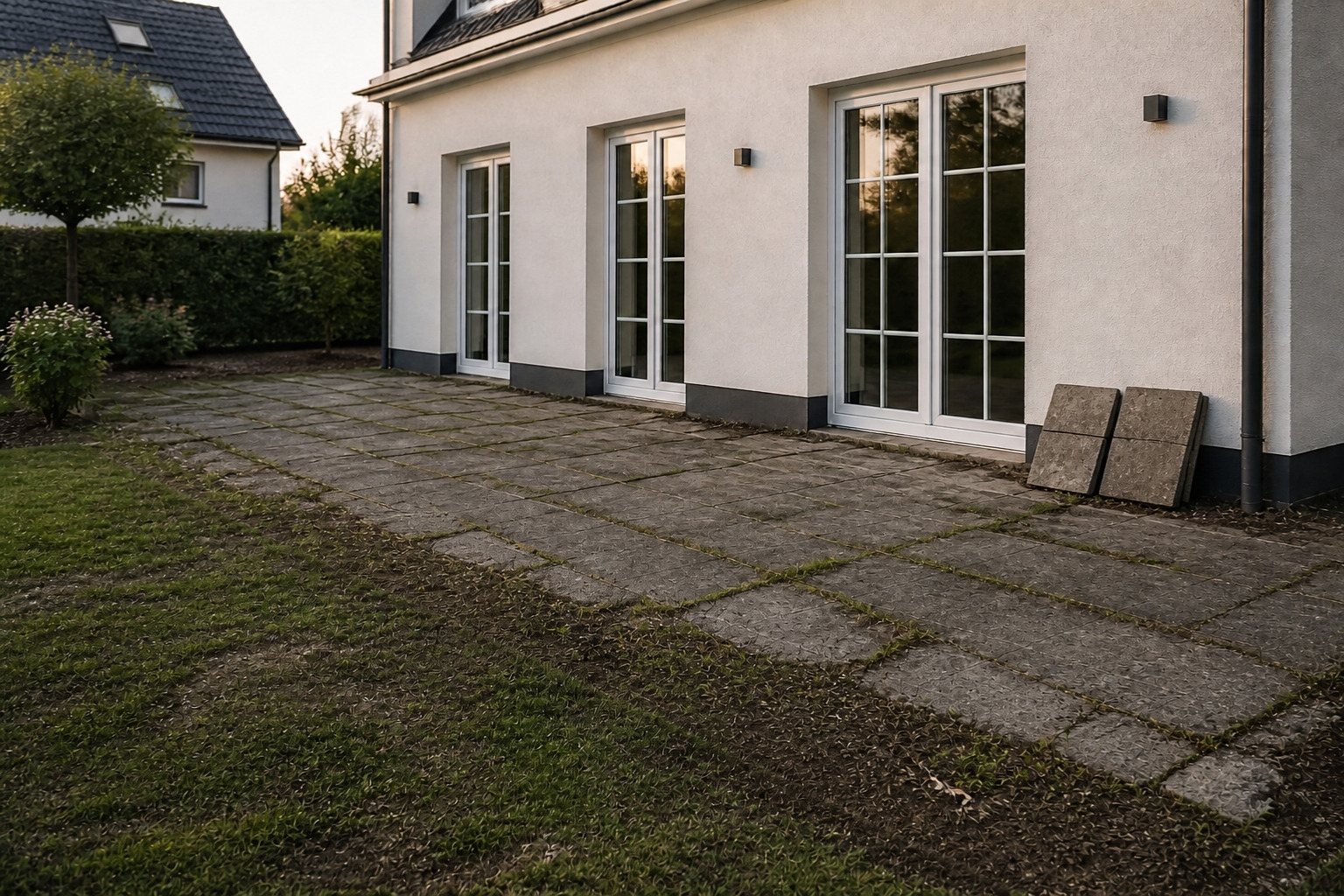 Vorher: Alte, gerissene Betonplatten mit Moos und Unkraut vor dem Haus